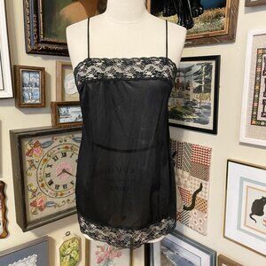 80s Vintage Sheer Black Lace Trim Nylon Mini Slip Nightie with Straight Bust L